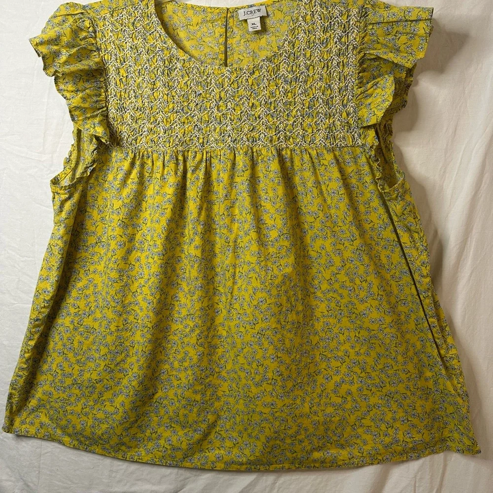 J.Crew XL Yellow Floral Smocked Top Ruffle Sleeve Peplum Blouse - Picture 2 of 7